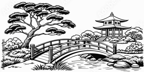 Illustration of a japanese garden with a bridge, pagoda, tree and rocks in black and white style art created with generated ai