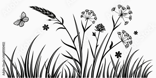Black and white nature scene with butterfly, wheat, grass and flowers in a field design art created with generated ai