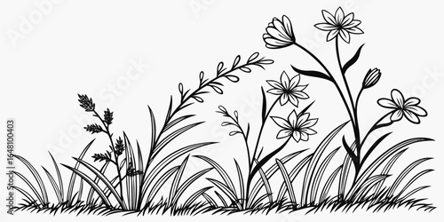 A simple black and white line drawing of a flower bed with grass and various types of flowers shown created with generated ai