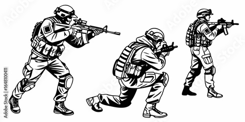 Three soldiers in tactical gear aiming rifles in black and white line art illustration style design created with generated ai