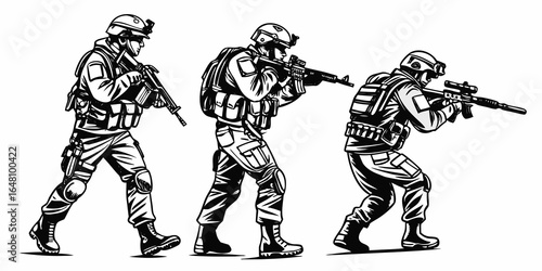 Three soldiers in full gear aiming rifles in a black and white comic book style illustration created with generated ai