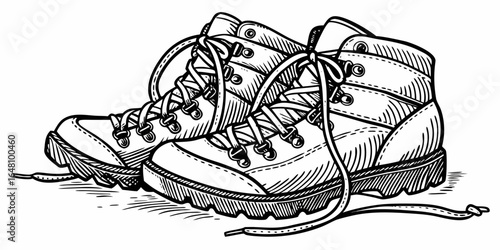 Illustration of two hiking boots with laces and detailed tread patterns in black and white style art created with generated ai