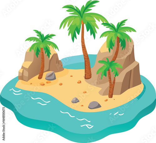 Tropical Island Landscape with Palm Trees and Rocks