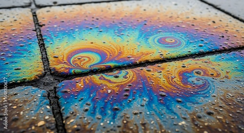 Iridescent oil slick creating rainbow effects on p