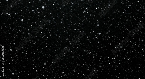 Black starry night sky background with white scattered stars and cosmic dust particles for astronomy and space themes