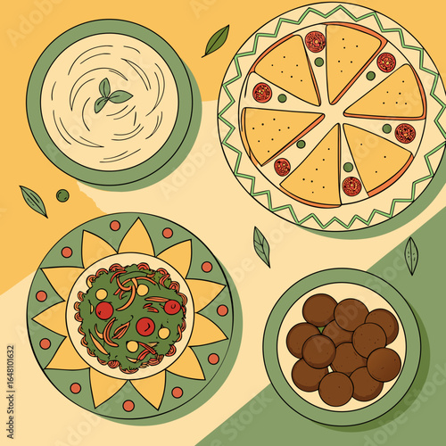 Colorful assortment of Middle Eastern dishes on decorative plates, including hummus, falafel