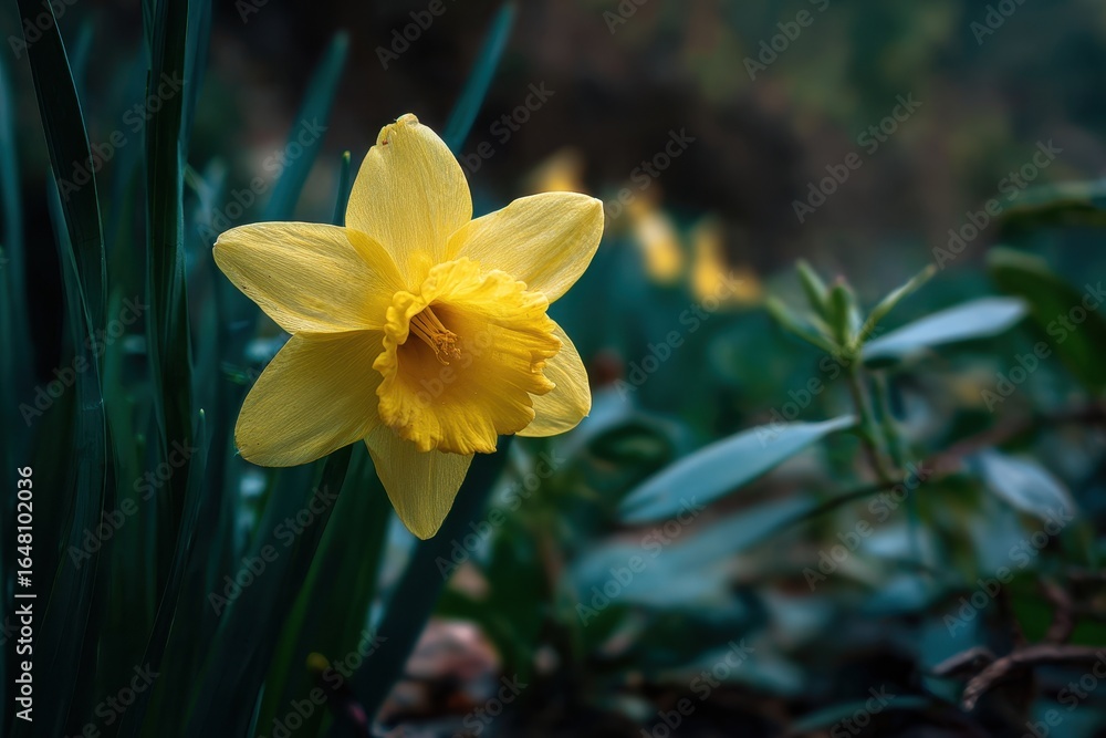 Obraz premium Close up of a yellow daffodil amid green foliage