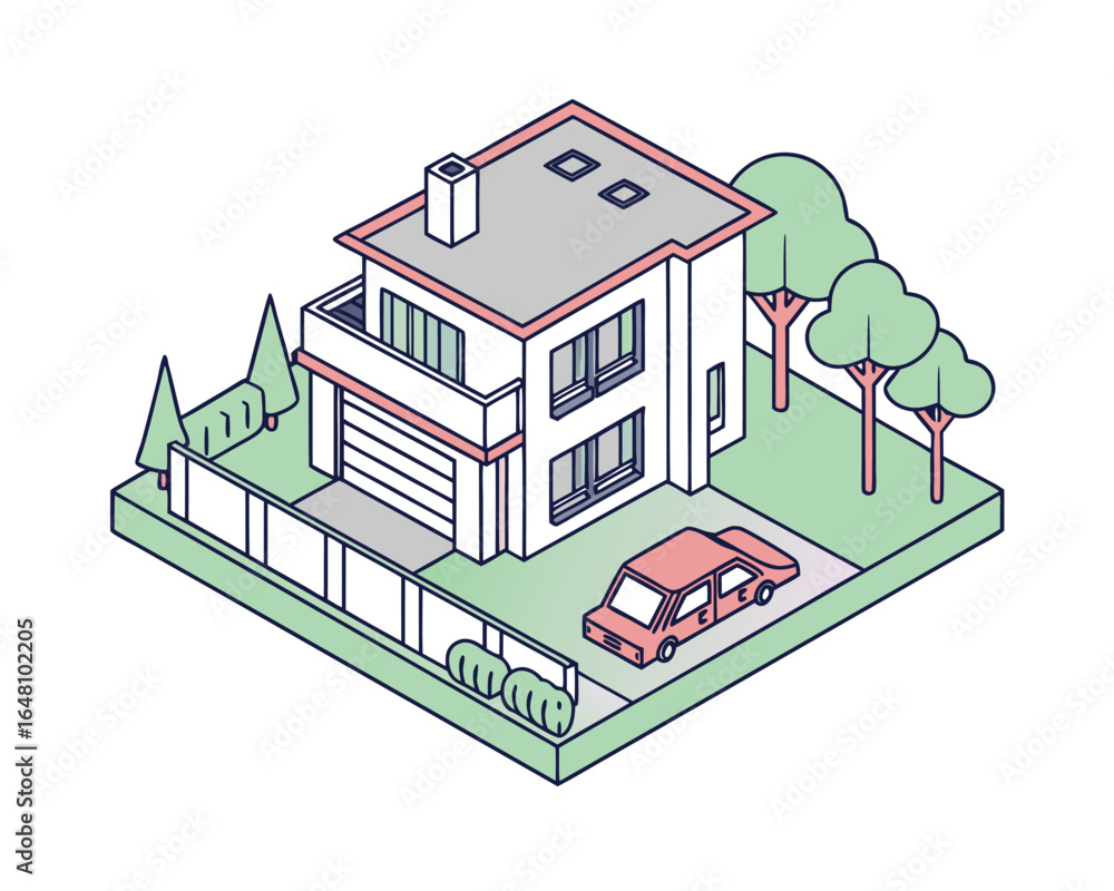 Fototapeta premium Isometric House and Car Illustration Design with Garage and Garden Landscape for Real Estate or Property Concept