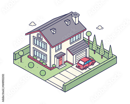 Isometric House Illustration with Car Driveway and Landscaping Vector Graphic Design for Real Estate or Architecture Concepts