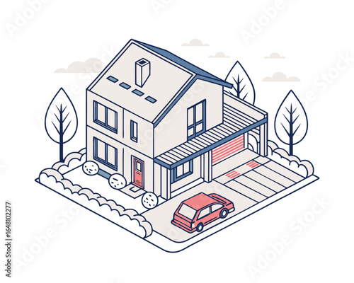 Isometric house with car and trees illustration representing home ownership and modern living in a peaceful neighborhood setting
