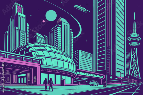 Futuristic Cityscape with Dome Building, Skyscrapers, and Flying Vehicle on a Purple and Teal Palette