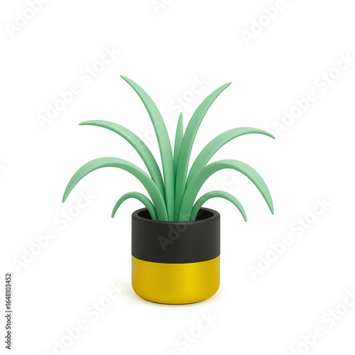 Stylized green houseplant in a black and yellow pot isolated on transparent background