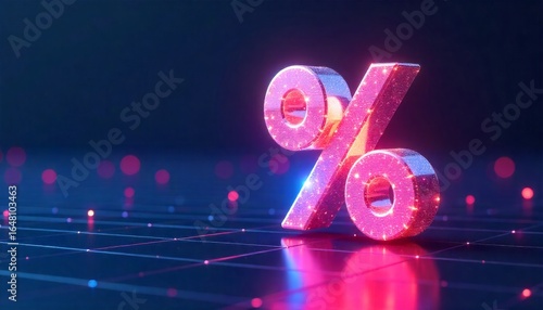 Close-up of a glowing 3D pink glitter percent sign on a futuristic digital grid with blue and pink neon lights
