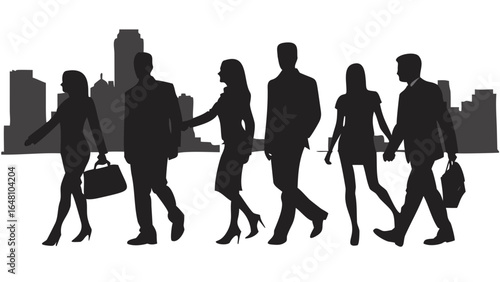 Silhouette of business people walking in front of a city skyline in a vector illustration created with generated ai
