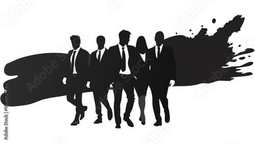 Silhouette of a group of business people standing together with a dark brush stroke background element created with generated ai