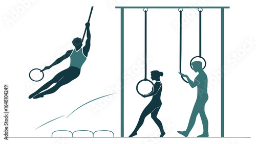 Silhouette of people doing gymnastics on rings and a rope in an indoor setting with mats below created with generated ai