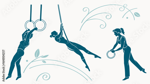 Silhouette illustrations of women engaged in gymnastics and aerial arts with floral accents created with generated ai