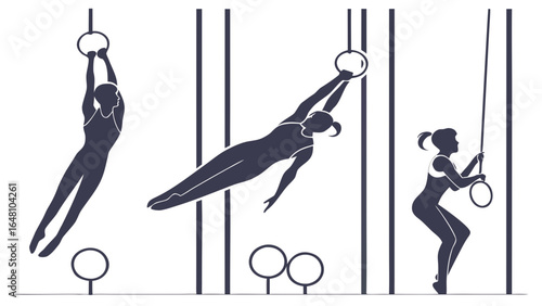 Silhouette illustrations of athletes performing gymnastics on rings and parallel bars in a gym setting created with generated ai
