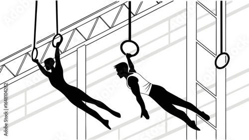 Two gymnasts performing on rings in a gymnasium with visible ceiling and support structure elements created with generated ai
