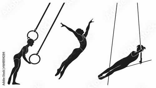 Silhouette of female gymnasts performing on rings, trapeze, and aerial silks in various poses created with generated ai