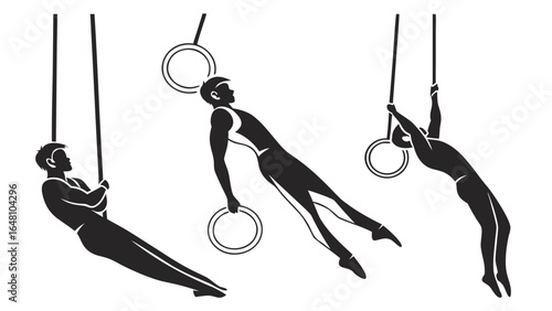 Three gymnasts performing routines on gymnastic rings in a black and white silhouette style image created with generated ai