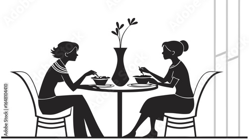 Two women in silhouette dining at a round table with a vase of flowers in the center piece scenery created with generated ai