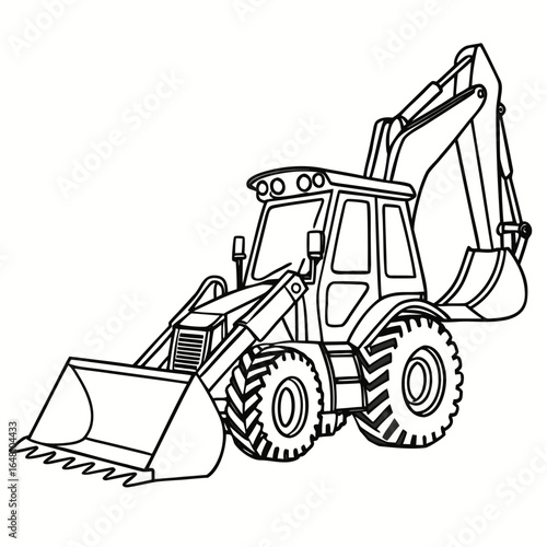 Outlined backhoe loader with front bucket and rear digging arm in a construction vehicle sketch created with generated ai