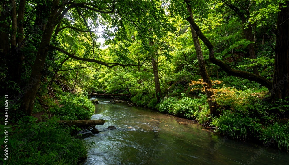 Fototapeta premium Serene Forest Stream Flowing Through Lush Green Canopy