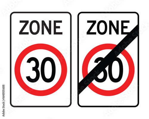 Speed Restriction Zone Sign Set – 30 km per h Limit and Zone Termination Icons  Traffic Regulation Vector
