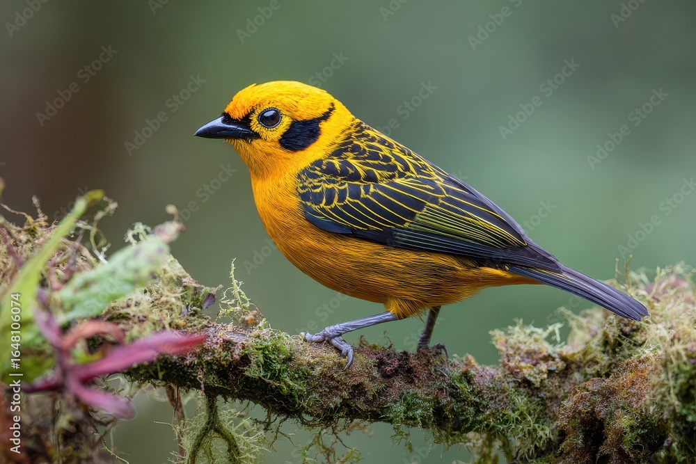 Fototapeta premium Golden tanager resides in Ecuador s endangered Chocó forest