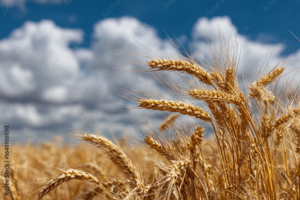 Fototapeta premium Golden wheat contrasts with a clear blue sky on a hot summer day