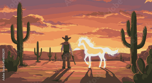 A Cowboy and His Spirit Horse in the Desert Sunset