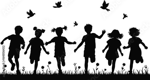 Silhouettes of joyful children running and playing freely in a vibrant natural landscape, celebrating the innocence and happiness of childhood against a bright sky.