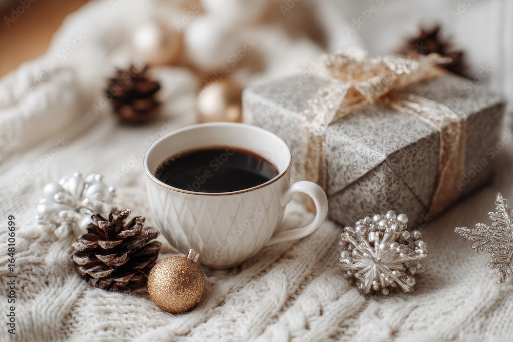 Holiday coffee present festive decor Holiday coffee present festive decor
