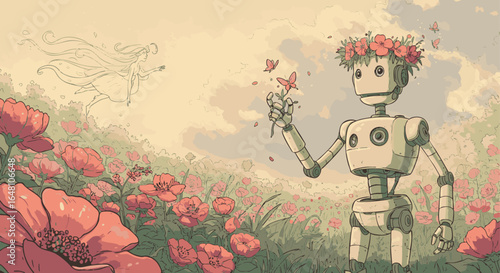Robot in Poppy Field A Whimsical Illustration