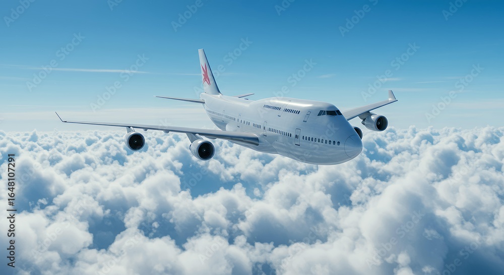 Obraz premium Commercial passenger airplane flying above white fluffy clouds in bright blue sky, aviation travel and transportation concept for business content