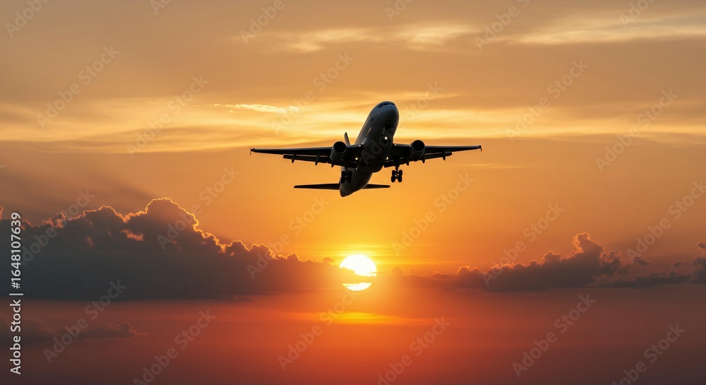 Fototapeta premium Commercial jetliner flying overhead against bright orange sunset sky with sun visible through clouds