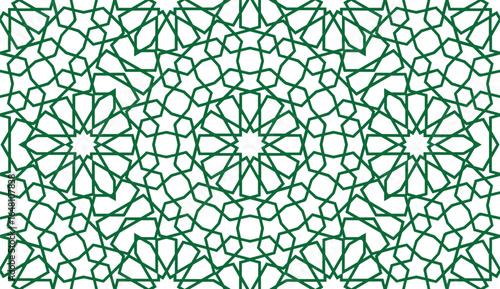 Intricate Green Islamic Geometric Pattern Seamless Background - A Beautifully Designed Arabic Arabesque Decorative Motif with Repeating Star Shapes