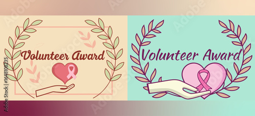 Volunteer Award Badges with Hands, Hearts, and Ribbons for Charity Recognition, Community Service, and Humanitarian Achievement