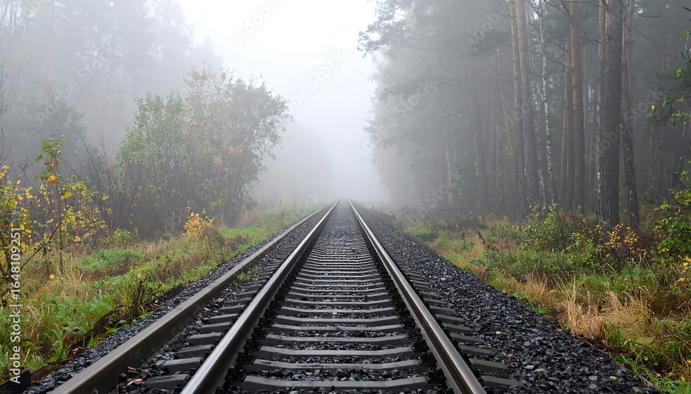 Fototapeta premium Train tracks stretching into misty forest, soft and serene