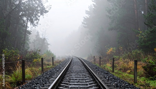 Train tracks stretching into misty forest, soft and serene
