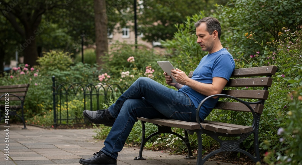 Fototapeta premium Man Reading Tablet on Park Bench: A man in casual attire sits on a wooden park bench, engrossed in his tablet, surrounded by the serene beauty of a lush green garden with blooming flowers.