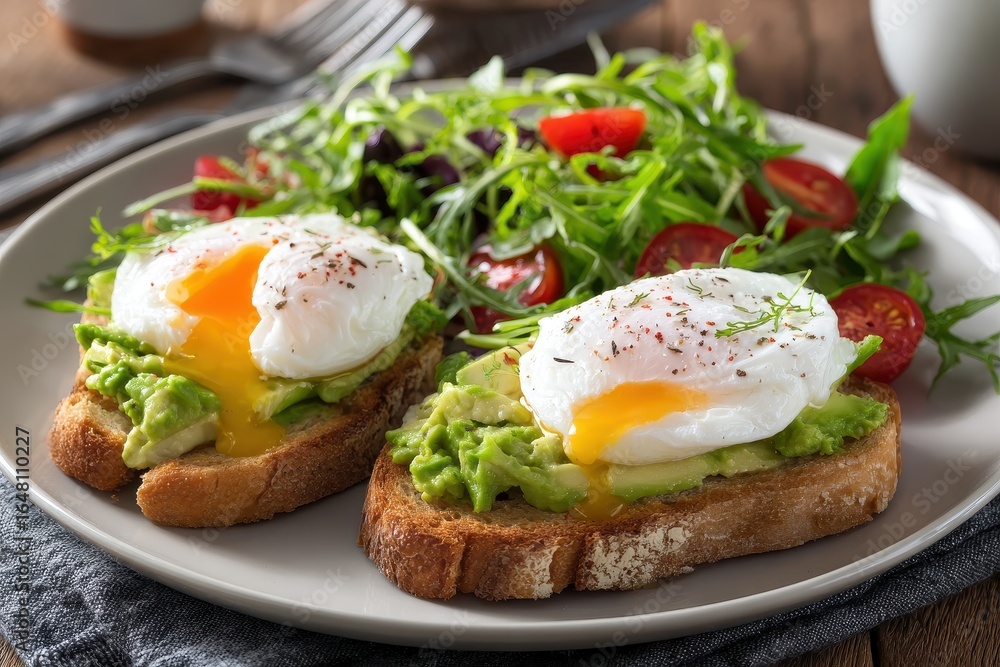 Nutritious morning meal featuring avocado toast poached egg and salad Nutritious morning meal featuring avocado toast poached egg and salad