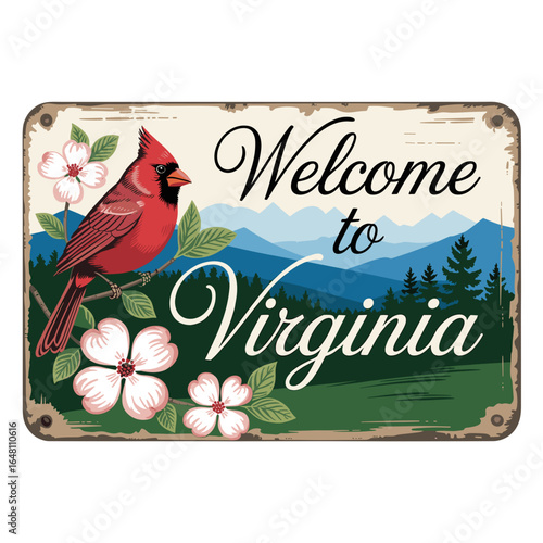 Vintage Welcome to Virginia Sign with Cardinal and Dogwood Flowers