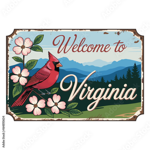 Vintage Welcome to Virginia Sign with Cardinal and Dogwood Flowers