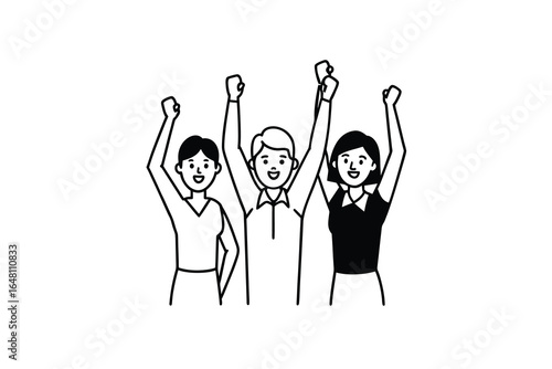 Three people celebrating with raised arms in a victorious gesture together silhouette