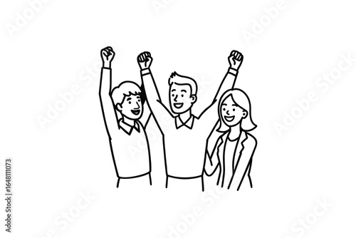 Three people celebrating with raised arms in a simple line drawing style silhouette