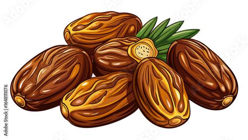 A set of semi-dry dates, or date palm fruits, rests in warm golden-brown tones, isolated on a pure white background, each detail highlighted with natural texture and subtle light.