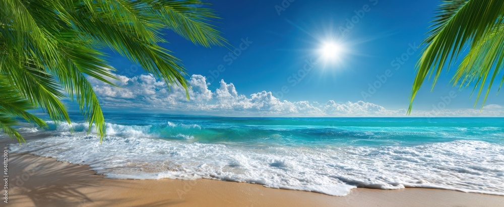 Fototapeta premium The Tropical Beach With Palm Fronds Framing Turquoise Ocean Under Bright Sunny Sky