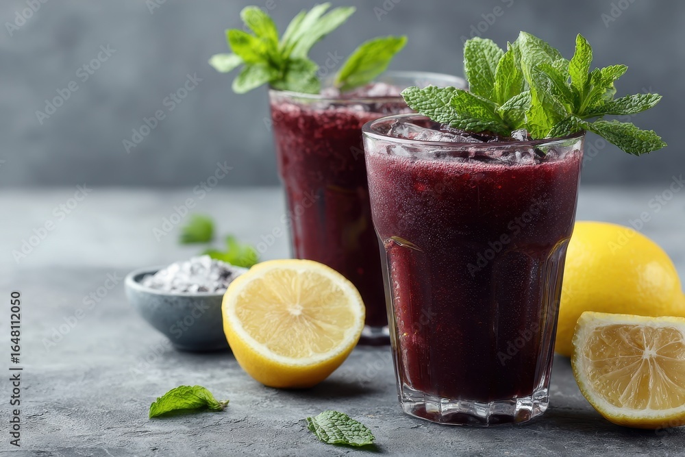 Fototapeta premium Refreshing acai juice with mint and lemon on a gray surface